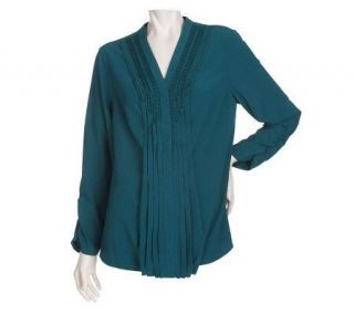 Dennis Basso Long Sleeve Blouse with Pleated Neckline   A220229