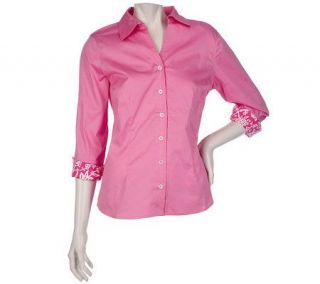 Lilly & Van Stretch Cotton Button Front Shirt with 3/4 Sleeves