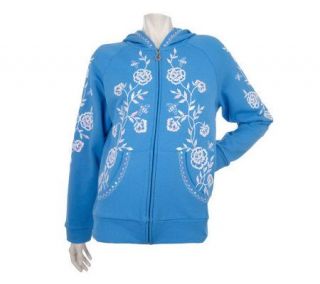 Quacker Factory White Floral Embroidered Knit Zippered Hoodie