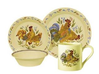 Corelle 16 PC Sandstone Beige Country Morning Rooster Dinnerware Set