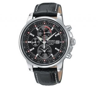 Seiko Alarm Chronograph Leather Strap Black Dial Watch —