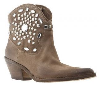 Makowsky Suede Pull on Cowboy Boots w/ Jewel & Stud Details — 