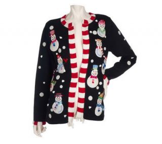 Quacker Factory Snowman Applique Cardigan Sweater —