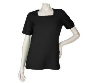 Denim & Co. Stretch Short Sleeve Square Neck T shirt w/Trim — 