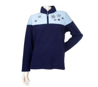Denim & Co. Half Zip Pullover Fleece Top with Embroidery —