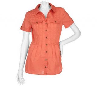 Motto Short Sleeve Point Collar Button Front Top w/ Pleating