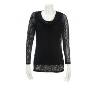 Dennis Basso Cowl Neck Allover Stretch Lace Tunic with Cami   A228743