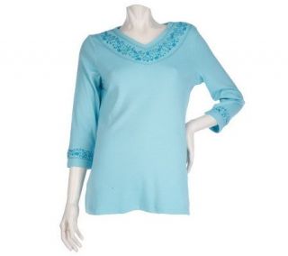 Denim & Co. 3/4 Sleeve Embroidered Tunic with Sequin Trim —