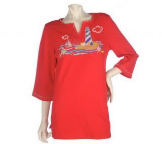 Quacker Factory Pearly Beaded Embroidered Summer Fun 3/4 Sleeve Top 