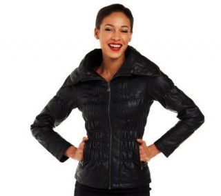 Maxi Collar Zip Front Faux Leather Jacket w/Seam Detail 