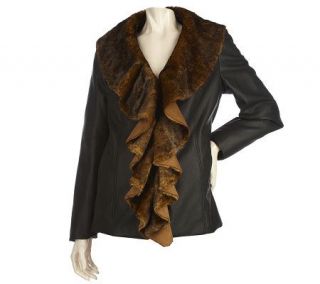 Dennis Basso Faux Leather Coat with Faux Fur Cascade Collar   A211141