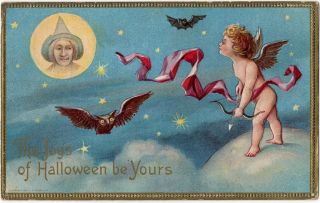  Bat Owl Cupid Stars Witch Face in Moon Conwell Vintage Postcard