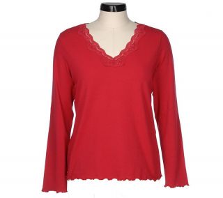 Denim & Co. Long Sleeve V neck Stretch Knit Top with Lace Detail