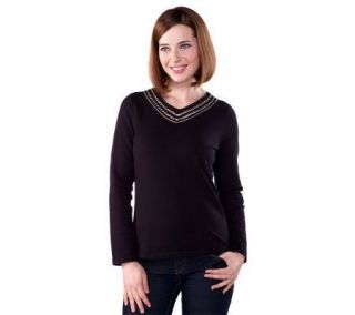 Liz Claiborne New York V Neck Sweater with Crochet & Metallic Trim