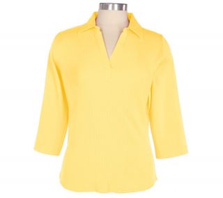 Denim & Co. Stretch Variegated Rib 3/4 Sleeve Polo Shirt —