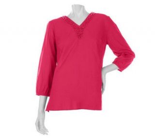 Motto 3/4 Sleeve Tunic with Embellished Neckline —