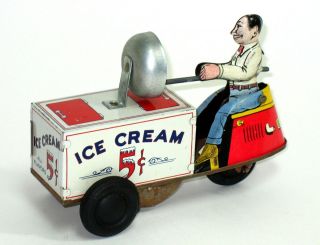 Courtland #6500 Mechanical Ice Cream Scooter Tin Wind up 50s Exc