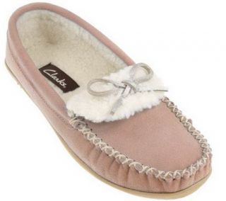 Clarks Suede Moccasin Slippers with Faux Fur Lining & Bow Detail
