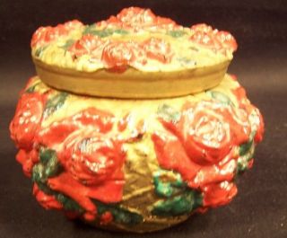 Vintage Goofus Glass Covered Candy Dish Vanity Red Gold & Paint Relief