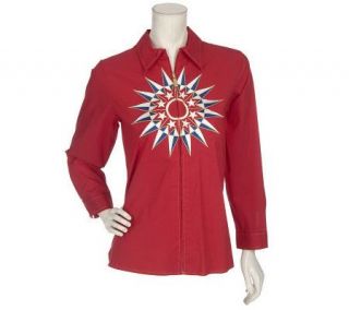 Bob Mackies Stretch Cotton Nautical Emblem Zip Front Shirt —