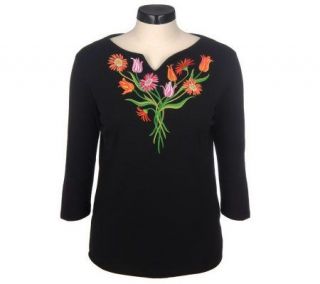 Bob Mackies 3/4 Sleeve Embroidered Floral Bouquet Split Neck Top