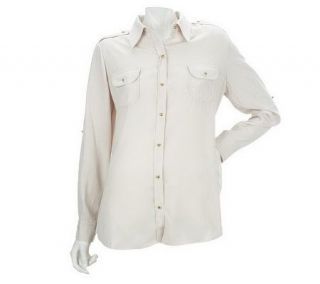 Susan Graver Cool Peach Shirt with Front Pockets & Epaulettes