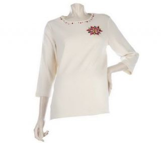 Quacker Factory 3/4 Sleeve Jeweled Holiday Motif T shirt —