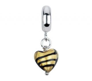 Prerogatives Gold/Black Heart Italian Murano Dangle Glass Bead 