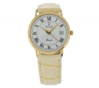 Vicence Round Case Leather Strap Watch, 18K Gold —
