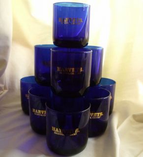 Harveys Bristol Cream Sherry Cobalt Blue Drinking Glass Set 10 Gold