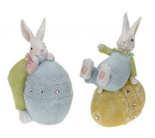 Set of 2 Knitted Bunnies with Eggs Figures by Valerie —