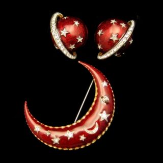  Vintage Brooch Pin Earrings Crescent Moon Red Enamel Rhinestones