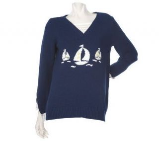 Quacker Factory Sailboat V neck Sweater with Striped Inset —