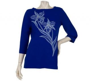 Bob Mackies Embroidered Floral 3/4 Sleeve T shirt Series   A92175