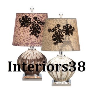 Set 2 French Country Chic Mercury Glass Fluted Table Lamps Velvet