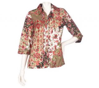 Susan Graver Cotton Lawn Printed Blouse with Tuck Front & 3/4 Sleeves 