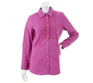 Denim & Co. Button Front Tunic Top w/ Lace Bib Detail —