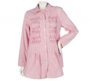 Motto Long Sleeve Button Front Striped Tunic w/ Pleat Detail