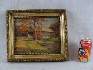 Antique Signed 20 C. Impressionist O/B Covered Bridge Painting