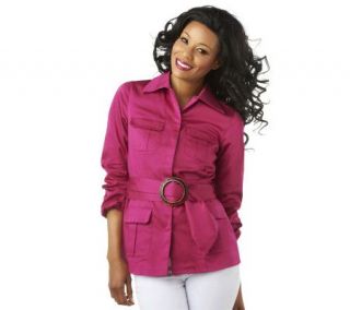 Button Front Collared Shirt with Self Belt and Pockets 