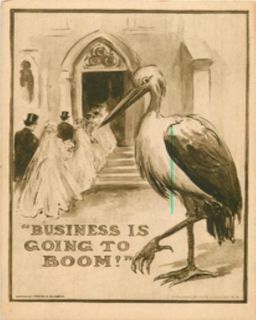 Couples going into Church for Marriage Stork nearby POSTCARD