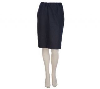 Susan Graver City Denim Knee Length Side Zip Slim Skirt —