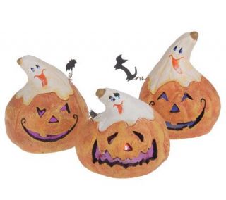 Set of 3 Lighted Pumpkin Face Gourds —