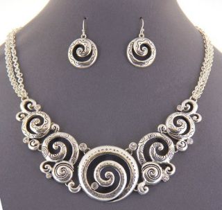 New Brighton Bay Vintage Silver Crystal Swirl Necklace Earring Set