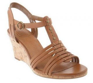 Clarks Leather T Strap Wedge Sandals —