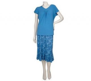 Susan Graver Liquid Knit V neck Top & Printed Skirt   A01894