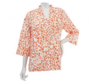 Denim & Co. 3/4 Sleeve Y Neck Button Down Print Shirt   A225514