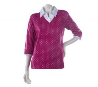 Denim & Co. 3/4 Sleeve Knit Duet Top with Dot Print and Woven Trim