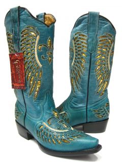  LADIES TURQUOISE LEATHER WESTERN COWBOY BOOTS WITH WINGS & FLOWERS