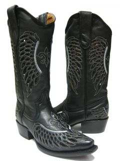  Black Leather Western Cowboy Boots with Wings Flowers Snip Toe